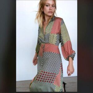 NWT ZARA Silky Geometric Patchwork Midi Shirt Dress 3/4 Sleeves S